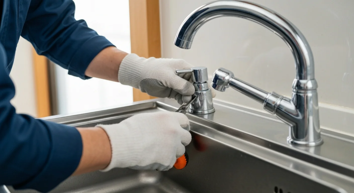 キッチンの水栓とシンクまわりを工具で点検する手元